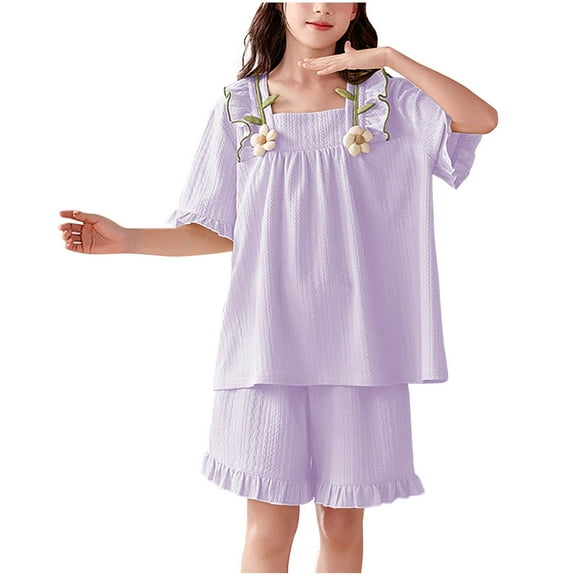 HBGVBA Summer 2 Piece Set for Girl,Short Sleeve T-Shirts and Elastic Waist Shorts,4-18 Years Thin Floral Neck Ruffle Short Sleeve Shorts Set