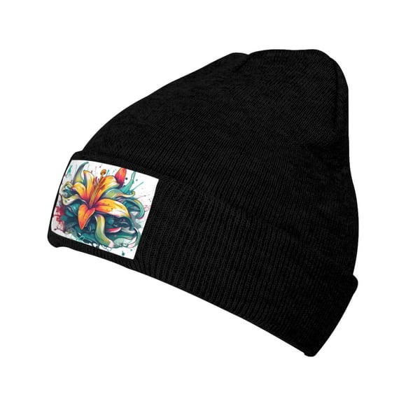 ZICANCN Flower Lily Bud Knit Beanie Hat, Winter Cap Soft Warm Classic Hats for Men Women, Black