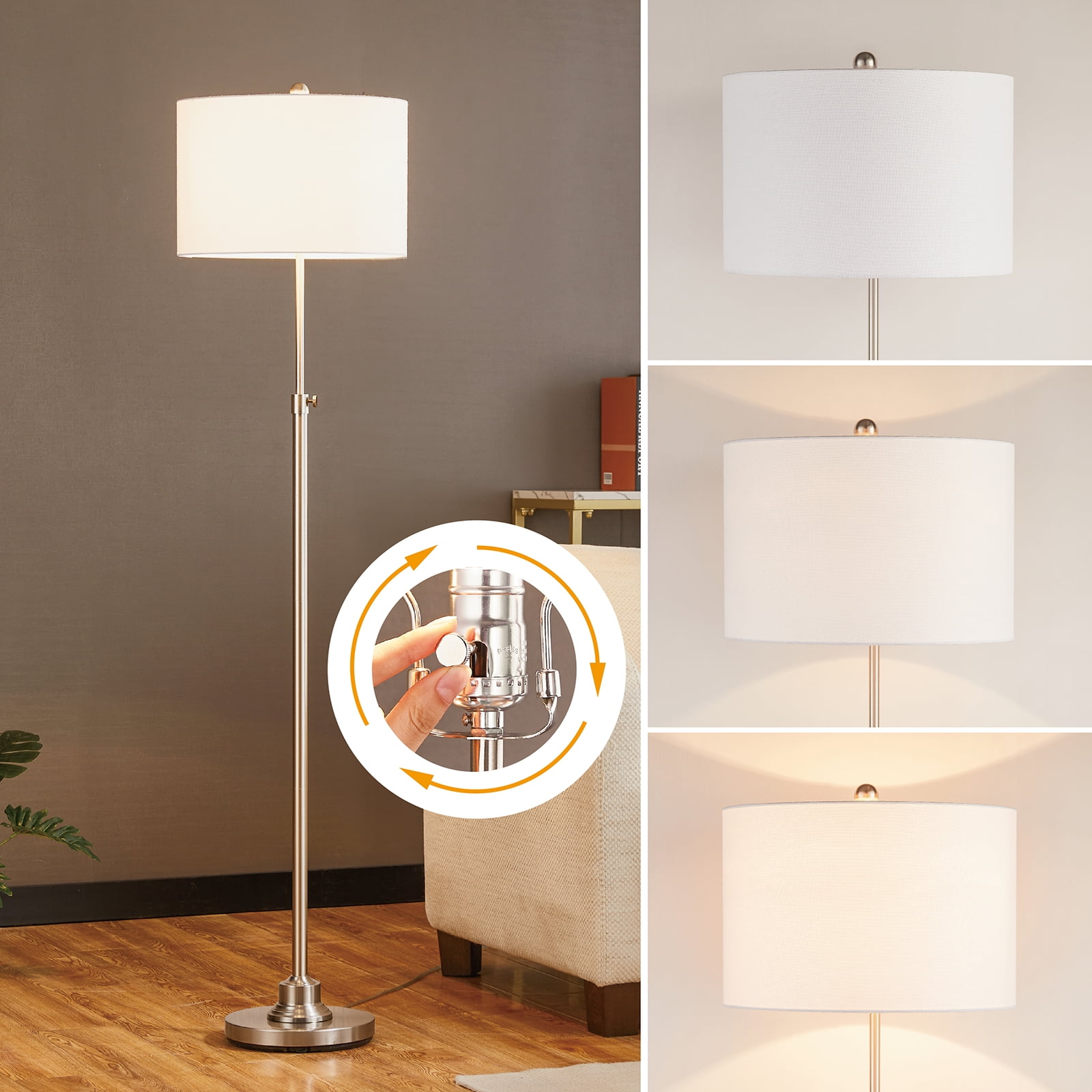 Kyrid 63" Adjustable Metal Floor Lamp for Bedroom Living Room Standing Lamp with White Linen Shade