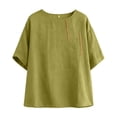 thumbnail image 4 of Women's Cotton Linen Blouse, Round Neck Embroidered Short Sleeve Top, Loose Fit Casual Tunic for Summer, Boho Chic Shirt and Everyday Wear-Light Green, 4 of 5