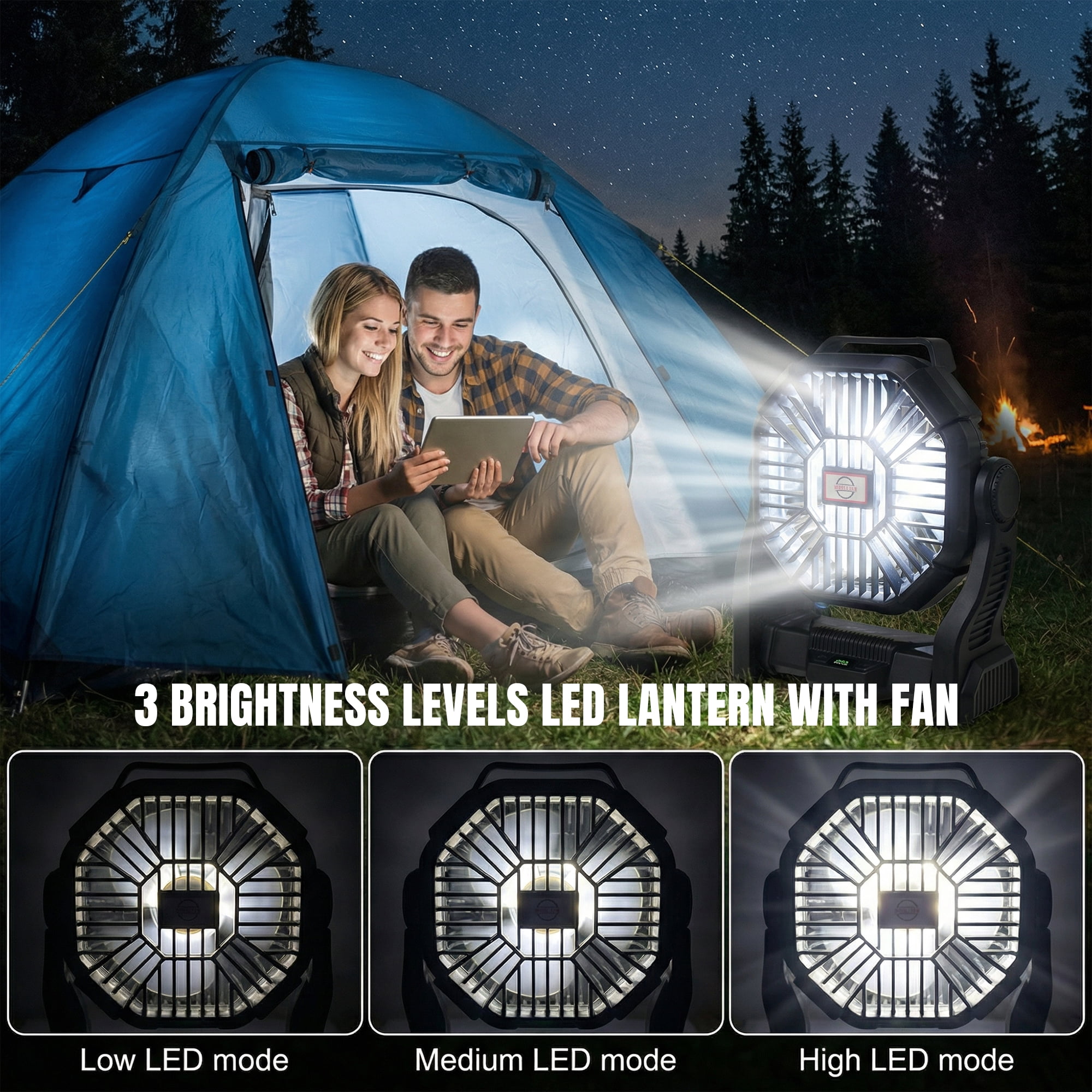 DAYBETTER Camping Fan with LED Lantern, Oscillating Portable Rechargeable Fan Light with 4 Speeds, Timer Touch Control for Car Travel RV Camping Gear Hurricane Emergency Power Outage Essentials
