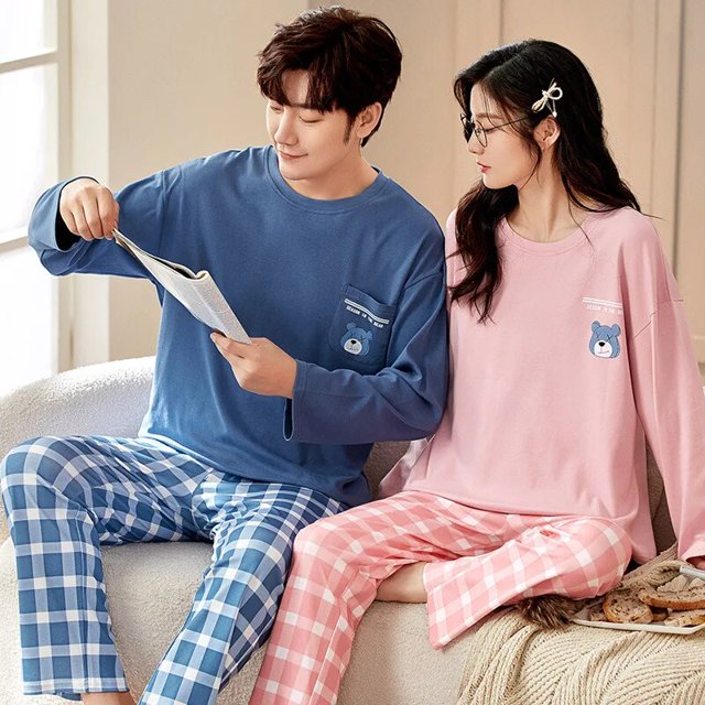 Conjuntos de Pijamas de algodón 100% para parejas, ropa de dormir cómoda de talla grande para Otoño e Invierno