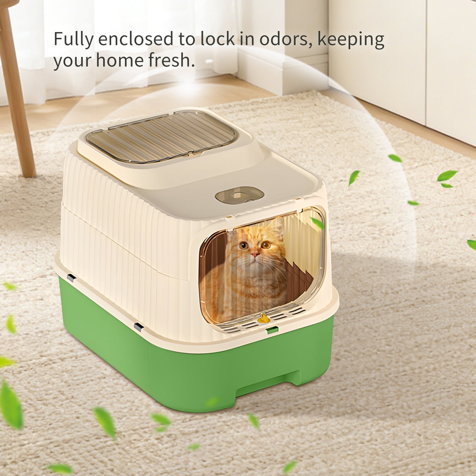 Green Fully Enclosed Cat Litter Box, Drawer Type Odor-Locking Litter Pan with Anti-Splash Design, Easy Clean Removable Cat Litter Tray for Cats of All Sizes, Multi-Cat Household