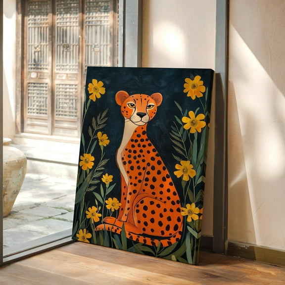 Vibrant Cheetah Art Print With Yellow Flowers – Bold Jungle-Inspired Wall Decor Wall Art, Modern Wall Decor, 8x12 UNFRAMED