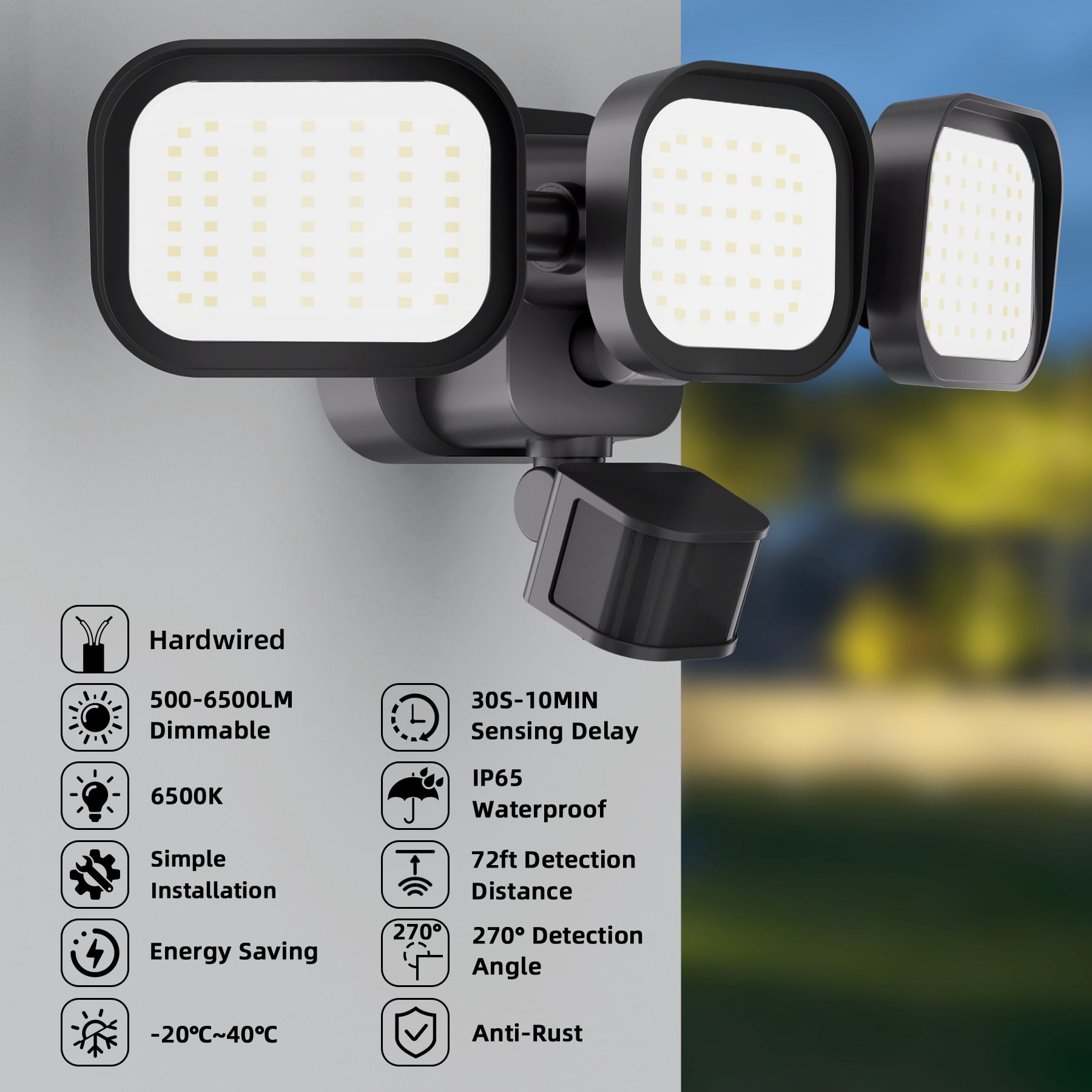 Dawnrise 270° 3 Heads Black Motion Sensing Integrated LED Flood Light, 6500 Lumens (2pack)