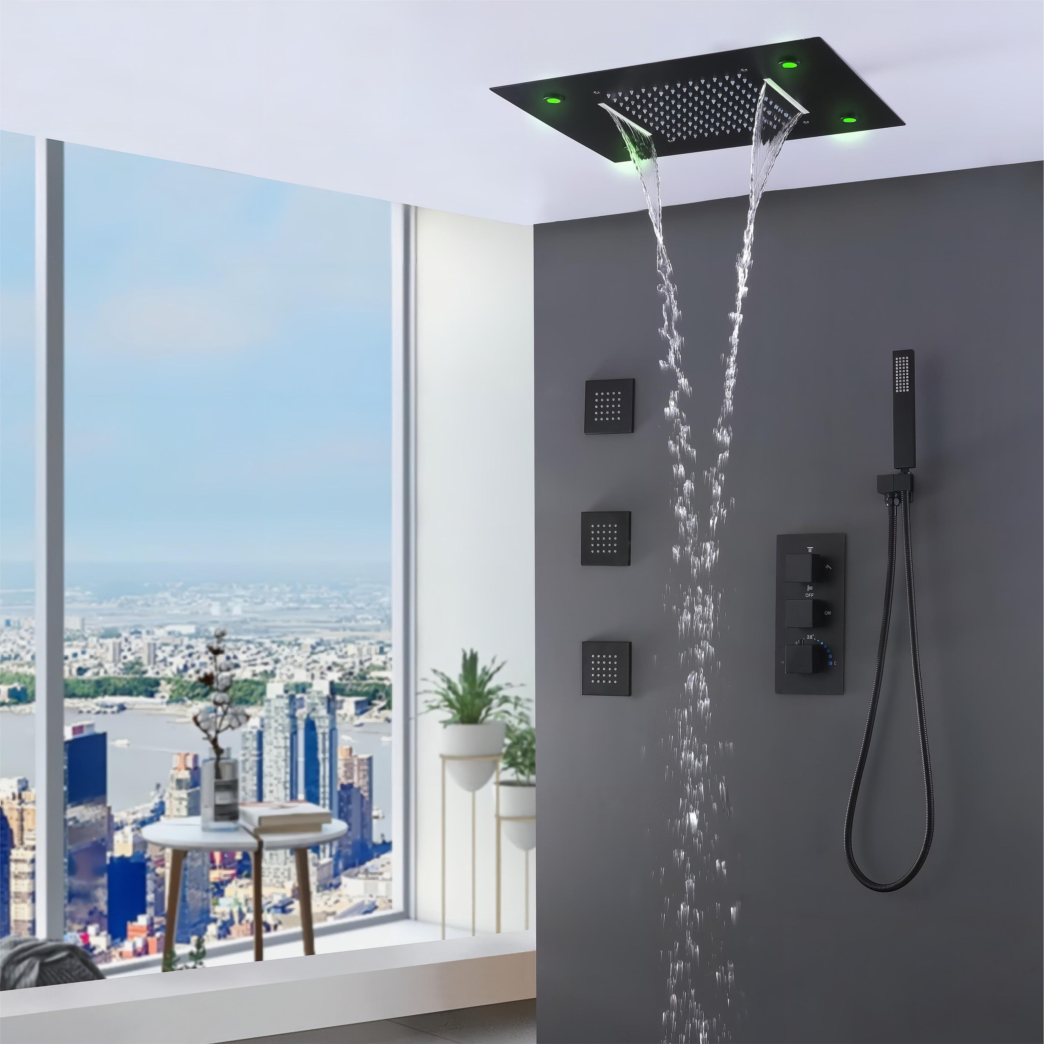 Ceiling LED 4Way 3Jet Complete Rain and Waterfall Shower System With