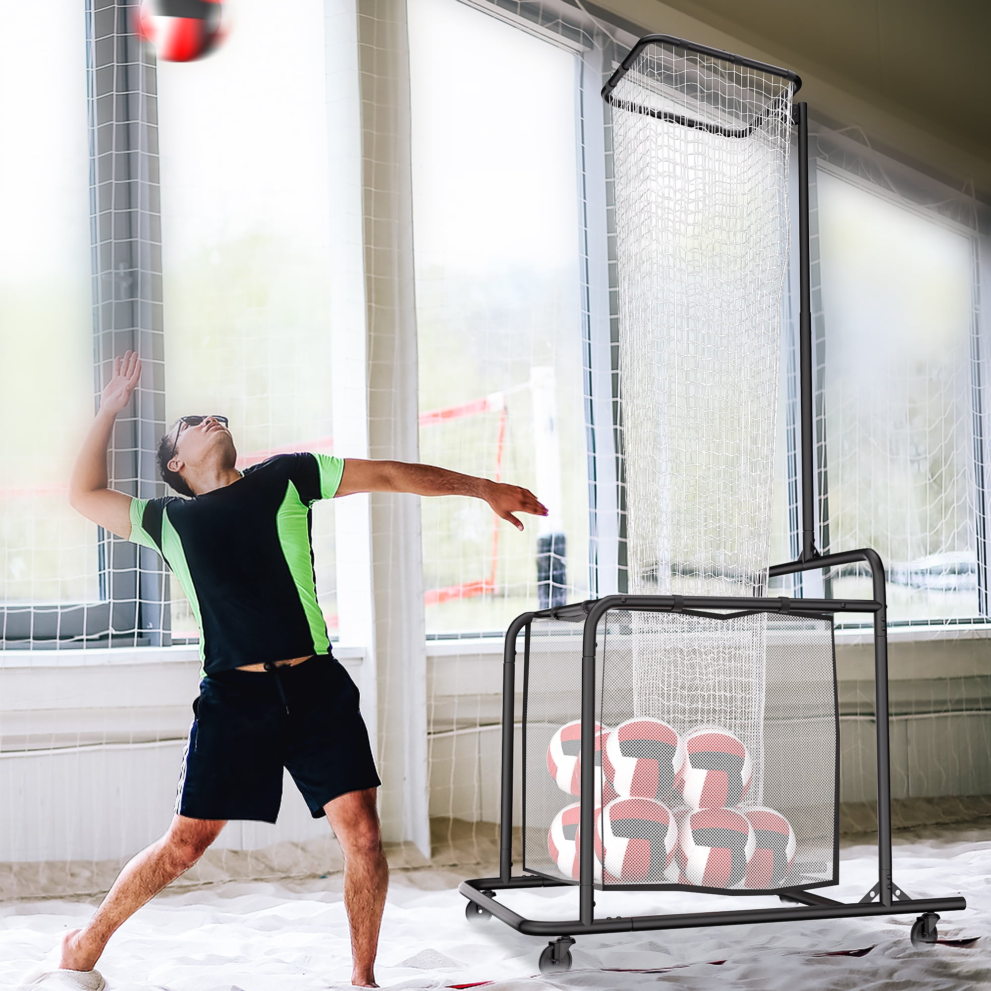 HOHYN Volleyball Setter Training Net 5 Height & 5 Angle Adjustments, Volleyball Setter Training Gear with Aim Cloth Storage Bag 4 Wheels & Sandbag, Setting Trainer for Indoor Outdoor