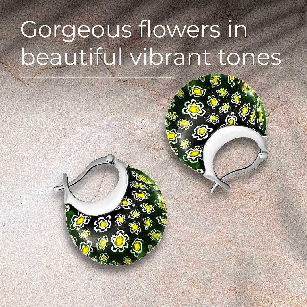 Shop LC Green Murano Style Millefiori Glass Hoop Earrings for Women Daisy Flower Stainless Steel Jewelry Trendy Gifts for Women Ct. 30 Birthday Valentines Day Gifts