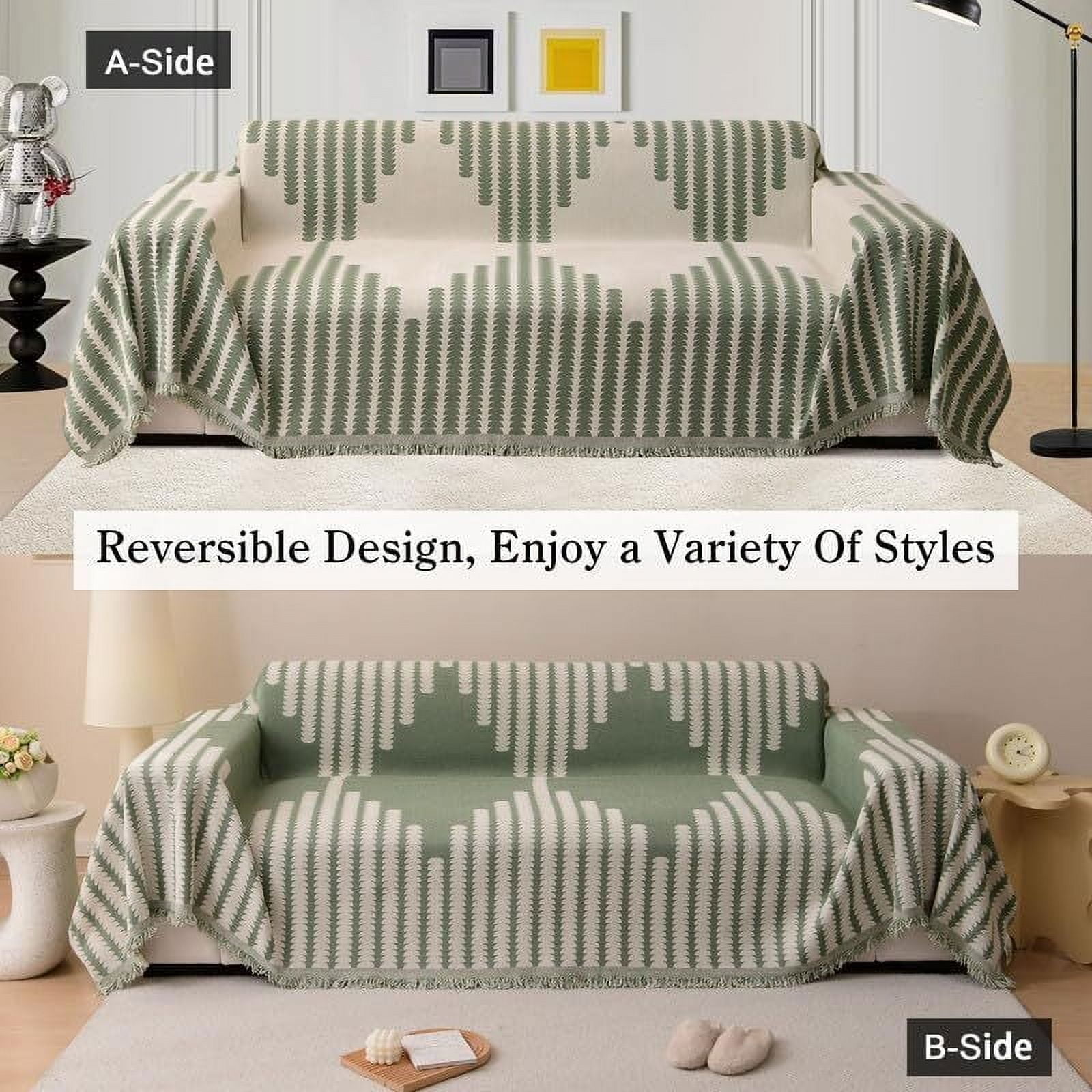 Eurhowing Boho Couch Cover for 2-3 Cushion Couch, Chenille Sofa Cover Blanket with a Pillowcase, Anti-Slip Tassel Sofa Slipcover for Pet, (71'' x 118'', Green)