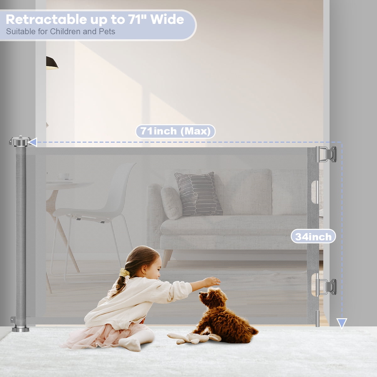 HDJ 71in Retractable Baby Gate,34in Tall Mesh Baby Safety Gate for Stairs,Metal Auto-Lock Dog Gate,Extra Wide,Grey