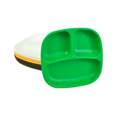 Re-Play Made in USA 4pk Divided Plates with Deep Sides for Easy Baby, Toddler, Child Feeding - Kelly Green, Sunny Yellow, Black, White (St. Patrick's Day+)