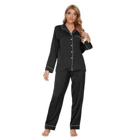 

MintLimit Women s Satin Pajamas Set Long Sleeve and Button-Down Sleepwear Silky Loungewear PJ Sets Black M