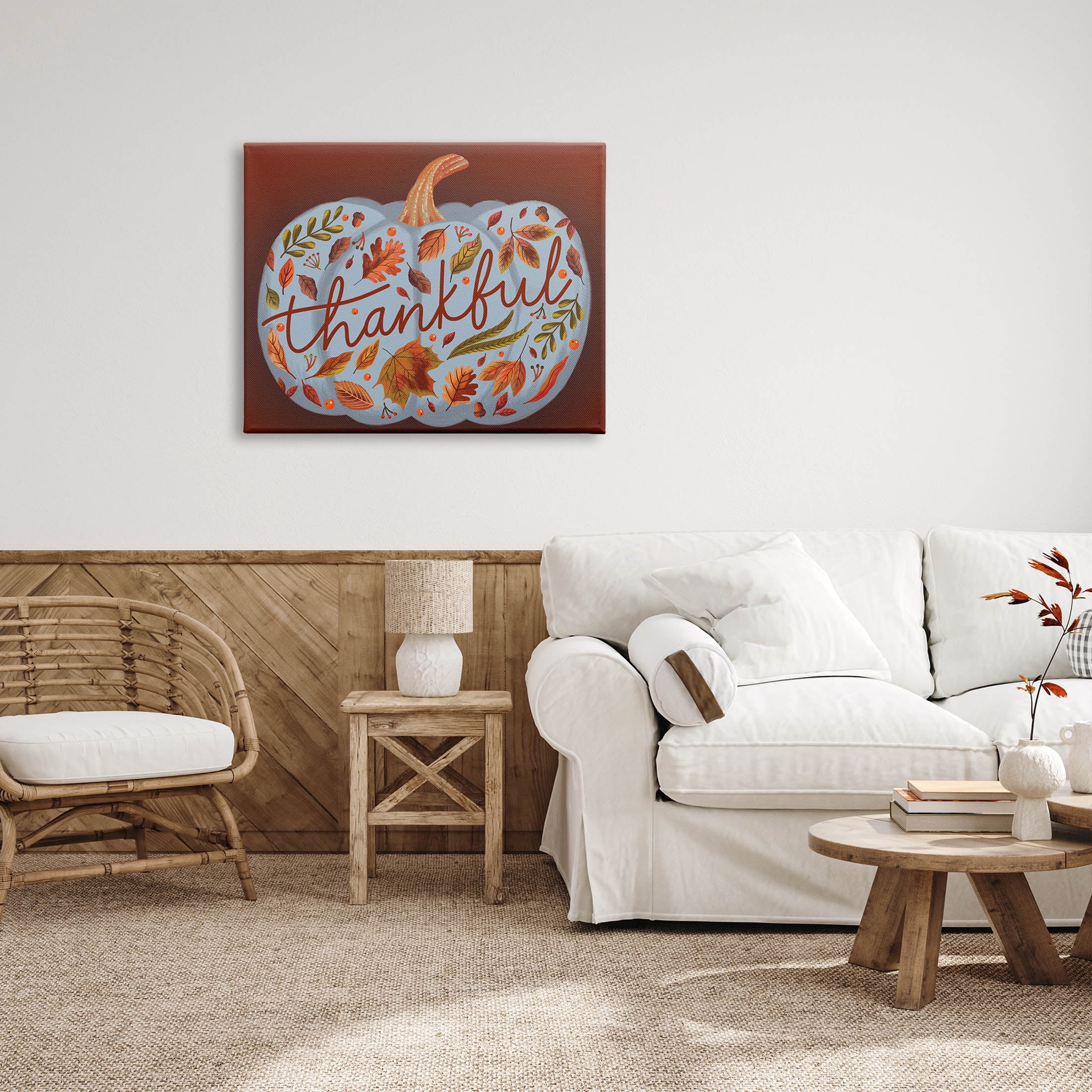 Thankful Leaf Patterned Pumpkin Holiday Graphic Art Gallery Wrapped Canvas Print Wall Art