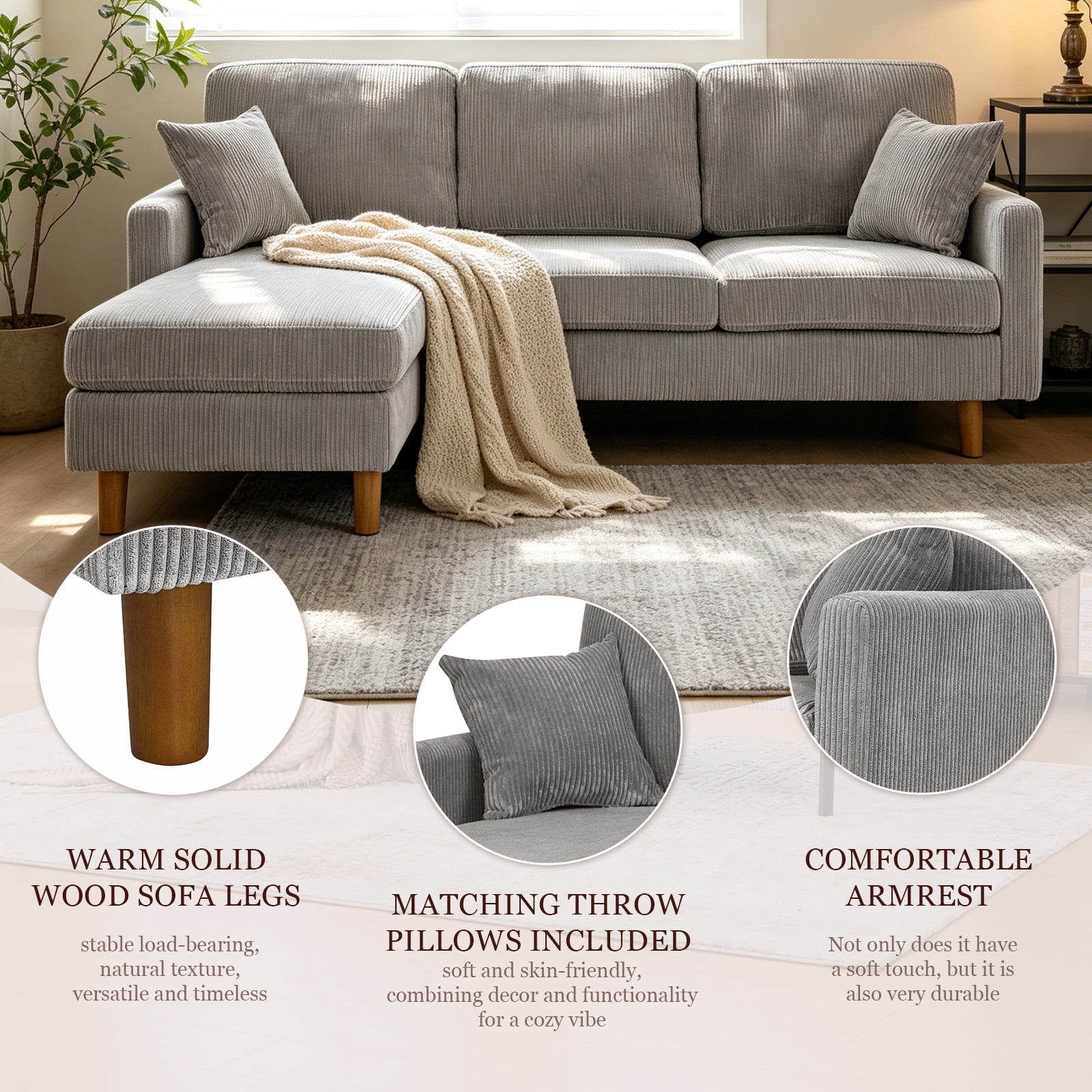 MOONMISS 93" Sectional Sofa , L-Shaped 3-Seat Sofa Couch with Chaise for Livingroom,Gray