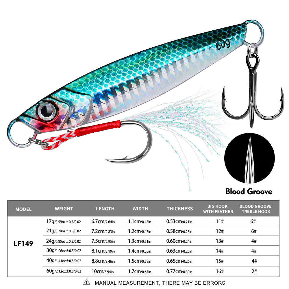 5pcs Metal Jig Spoon Fishing Lures 3D Print Durable with Hooks Saltwater 17-60g