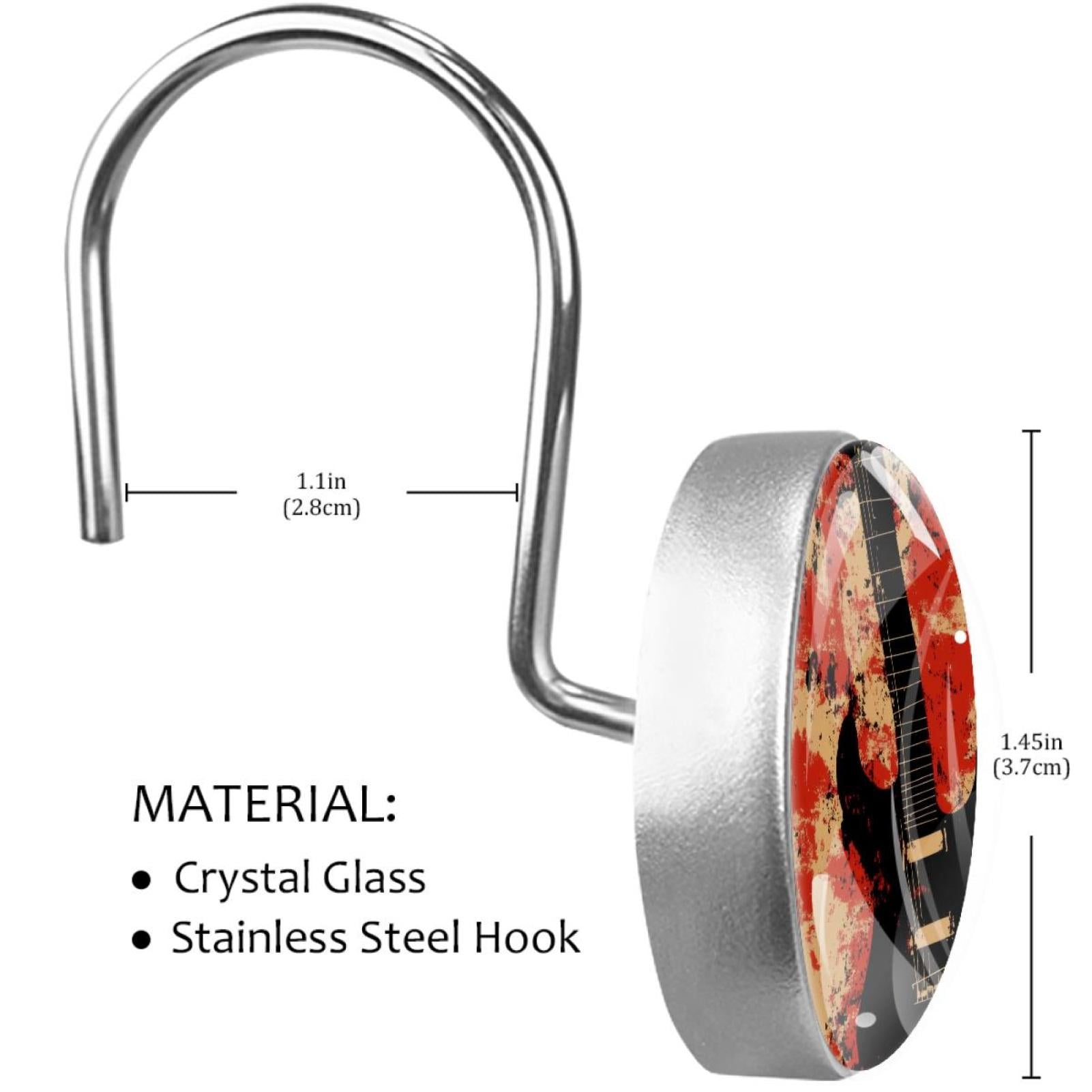 Black Guitar on Red Grunge Shower Curtain Hooks Round Crystal Glass, Set of 12 Shower Curtain Rings - Shower Hooks for Curtain Shower Rings
