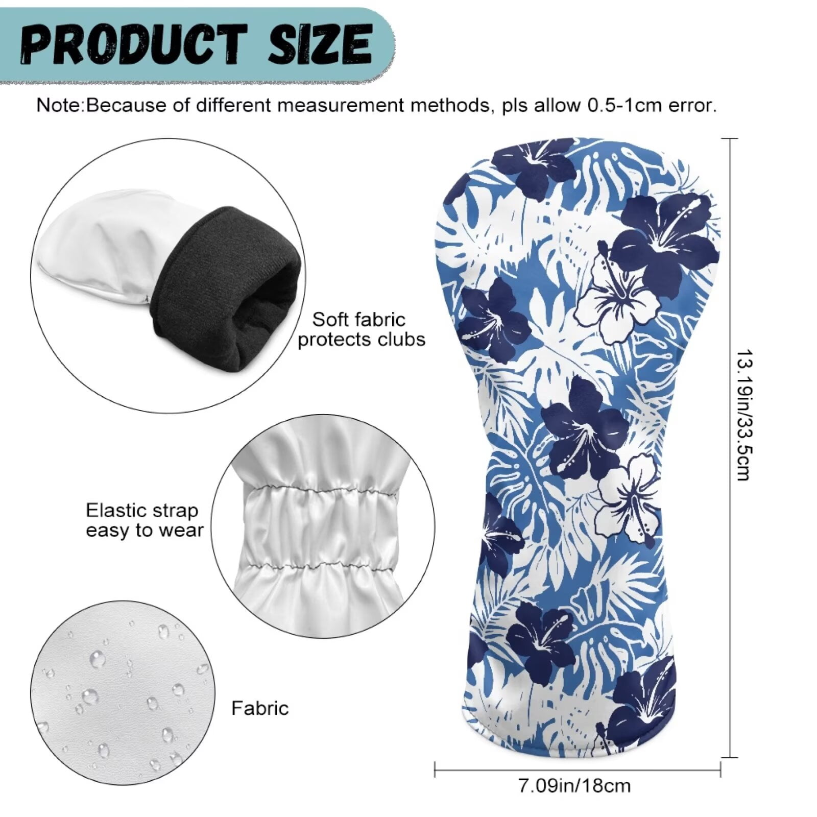 Uorisanigo Golf Club Head Covers, Waterproof Blue Hibiscus Flowers Golf Driver Fairway Wood Hybrid Headcover Head Cover Set of 3, Golfer Gift Accessory for Women Men, Stain-Resistant