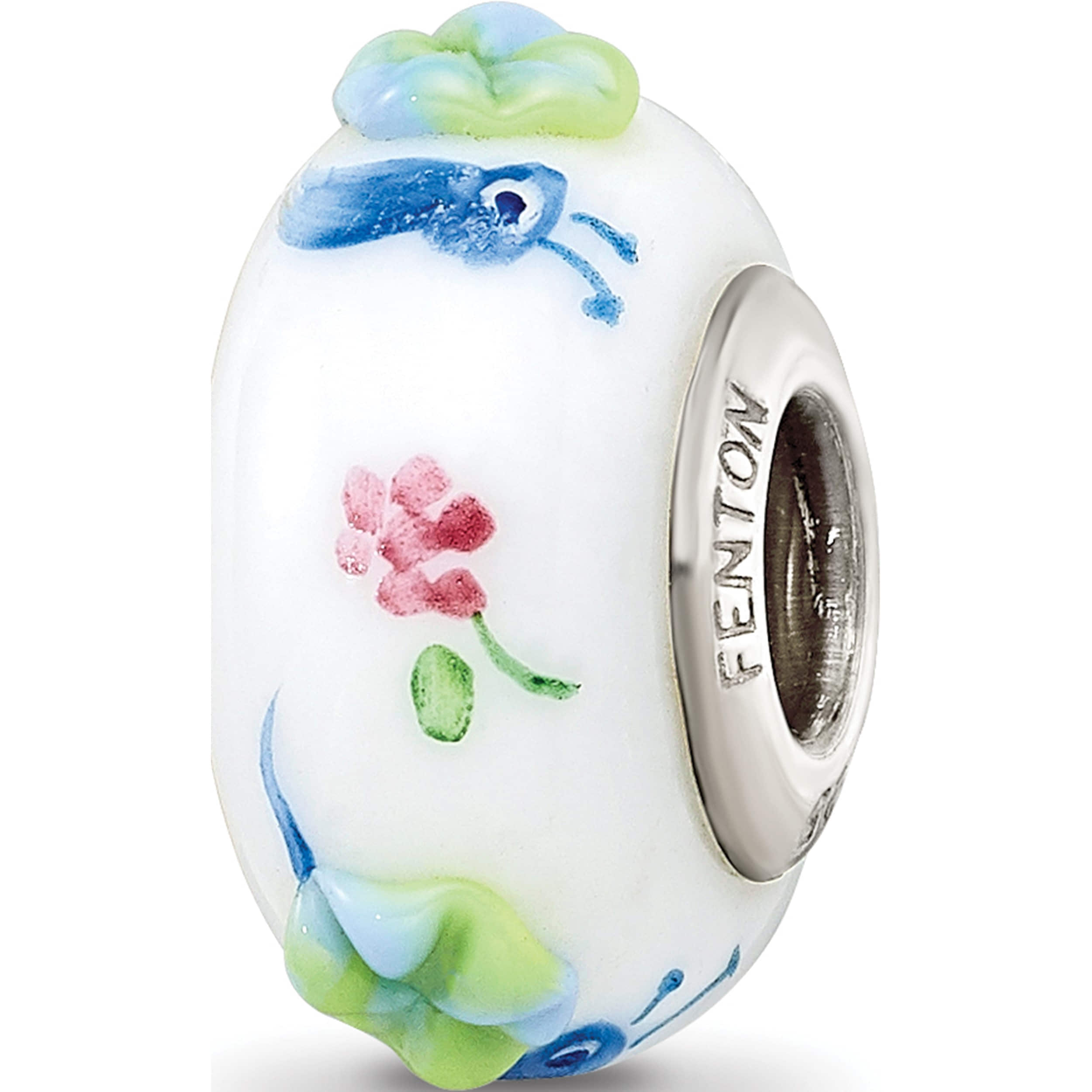 Sterling Silver Ster.Silver Reflections Hand Painted Snails & Grapes Fenton Glass Bead Made In United States qrs3589