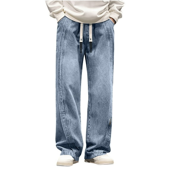 Mens Jeans Pants Loose Work Trousers for Men Chinos Trousers Straight Leg Denim Pants Plain Drawstring Jeans Spring Fall Outdoor Full Length Bottoms with Pockets Plus Size