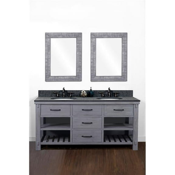InFurniture WK8260-BG-MG TOP 60 in. Rustic Solid Fir Double Sink Vanity in Blue Grey Driftwood With Polished Textured Surface Granite Top-No Faucet