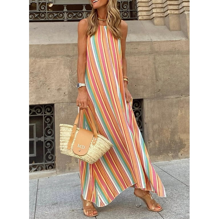 HOTAPEI Maxi Dresses for Women Striped Print Casual Slip Dress A Line Dresses Walmart