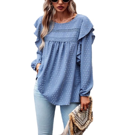 Solid Round Neck Ruffle Shoulder Crochet Detail Blouse for Women Blue Large