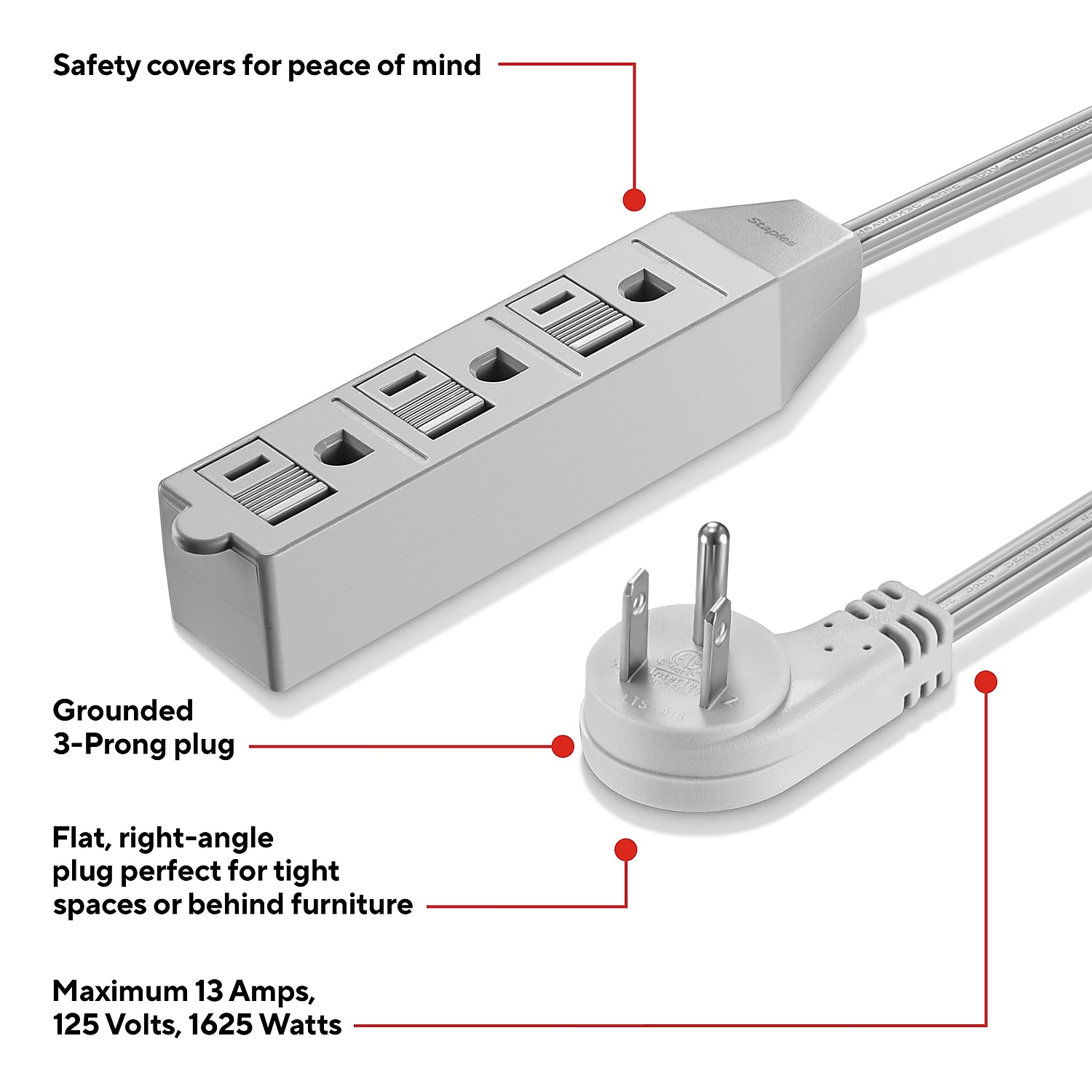 Staples TECH 15' Extension Cord 3-Outlet 16 AWG Gray 2/Pack (ST62347)