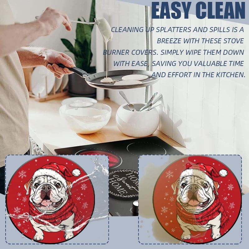 Christmas Burner Covers for Electric Stove, Red Christmas Cute Bulldog in Santa hat and Scarf Metal Round Durable Round Gas Stove Burner Covers Set of 4, 8 Inches and 10 Inches