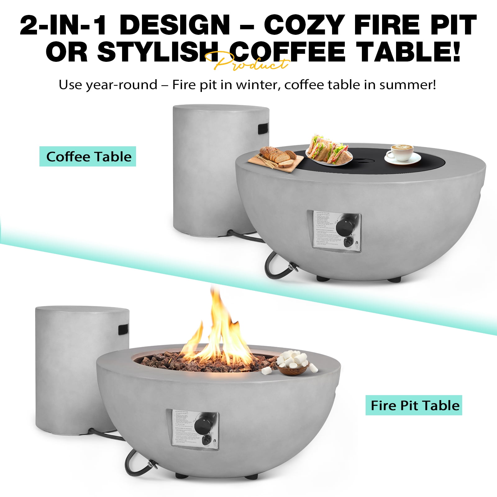ReeQuo 31.5” Propane Fire Pit Table – Outdoor Gas Fire Table with Tank Cover & Lid, 2-in-1 Firepit Coffee Table