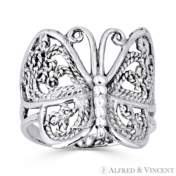 Butterfly Animal Charm Filigree-Detailed Ring in Oxidized .925 Sterling Silver