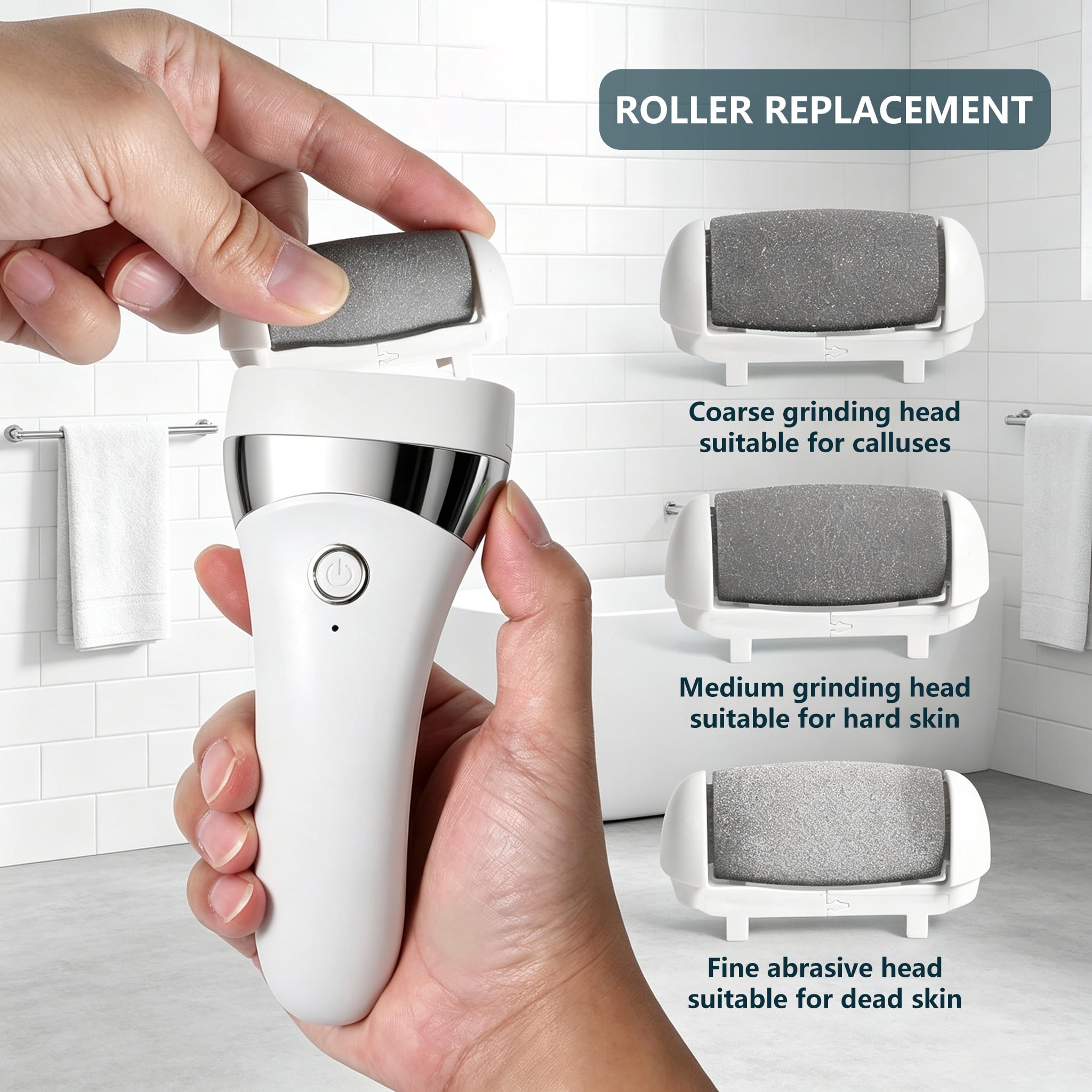 Electric Foot File USB Rechargeable Pedicure Tool for Adults, Portable Foot Grooming Device, White