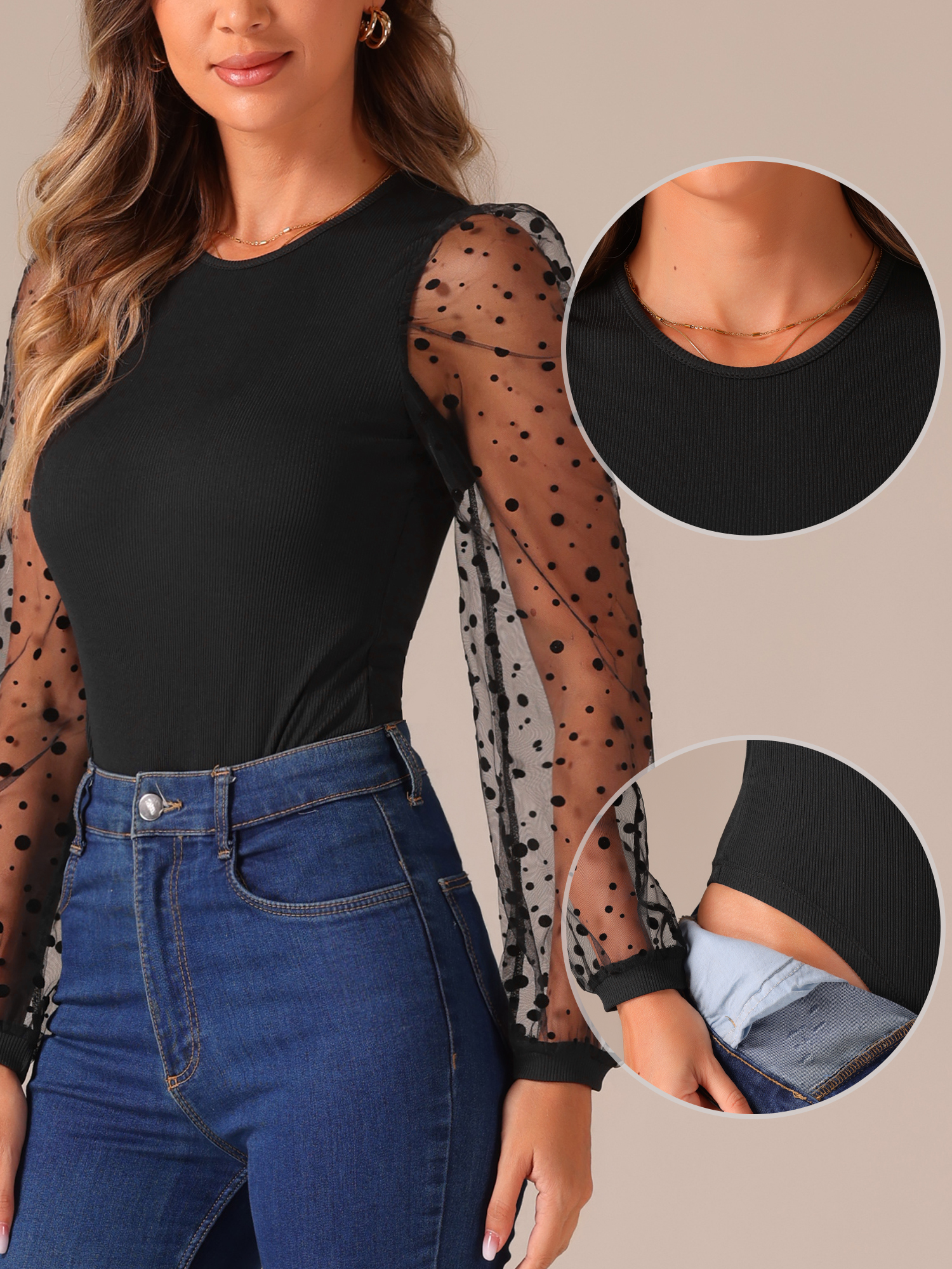 DARING DIVA Polka Dot Sheer Long Sleeve Crew Neck Bodysuit S Black