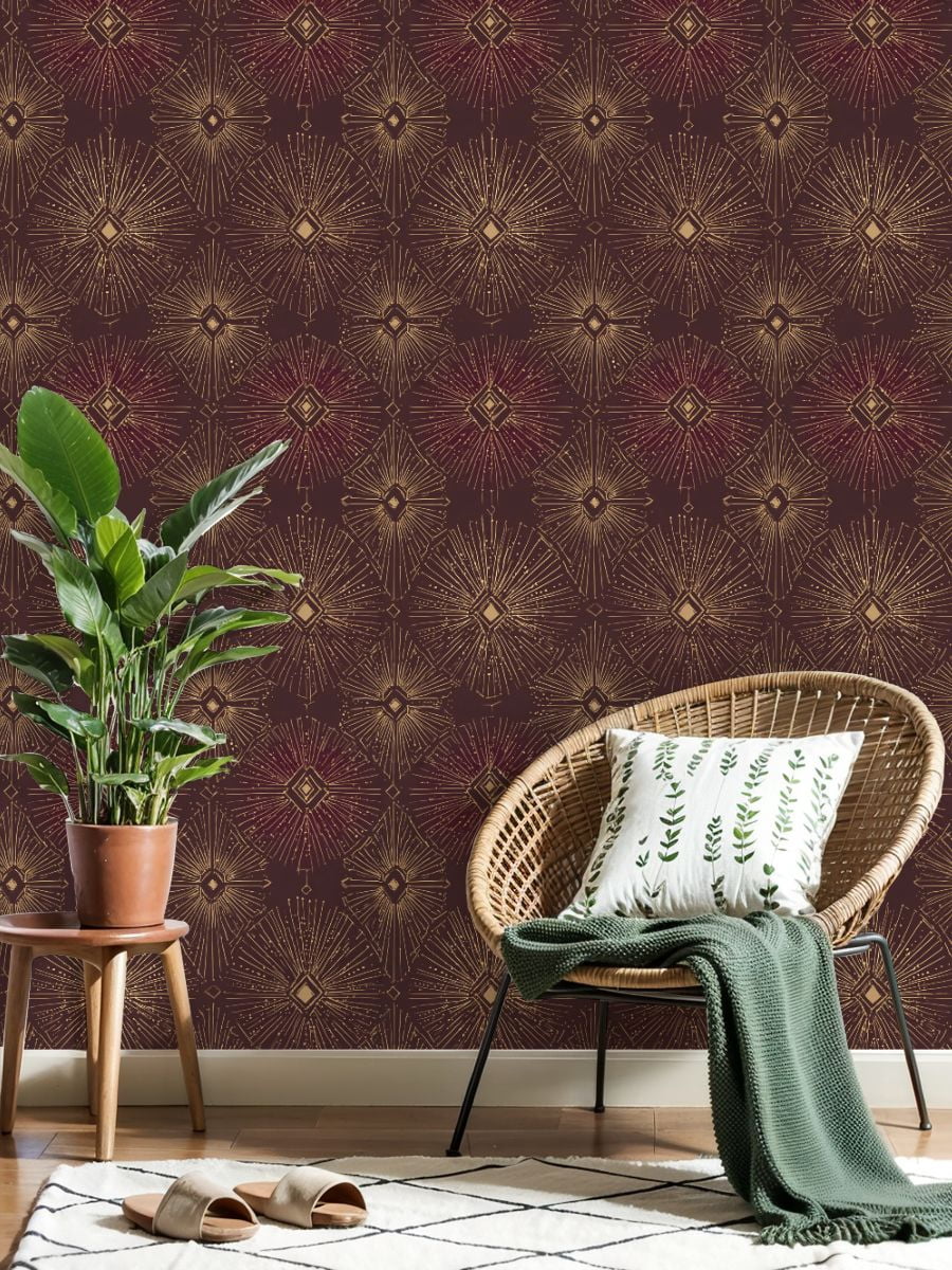 Peel and Stick Wallpaper Geometric Art Sunburst Gold Dark Brown vintage Wall Mural 17.7in x 9.8ft Self Adhesive Removable Wall Paper Renter Friendly Wallpaper for Girls Women Bedroom Livingroom