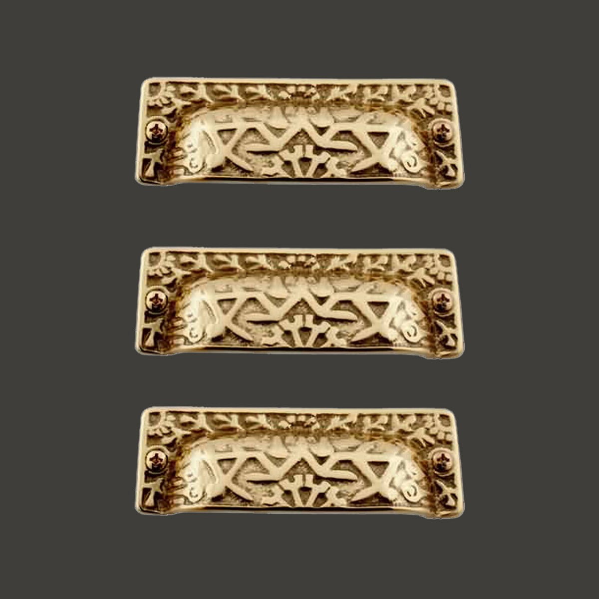 Renovators Supply Cabinet Pulls 3 3/4" Antique Brass Azteca Style Drawer Cup Bin Pulls w/Screws Pack of 3