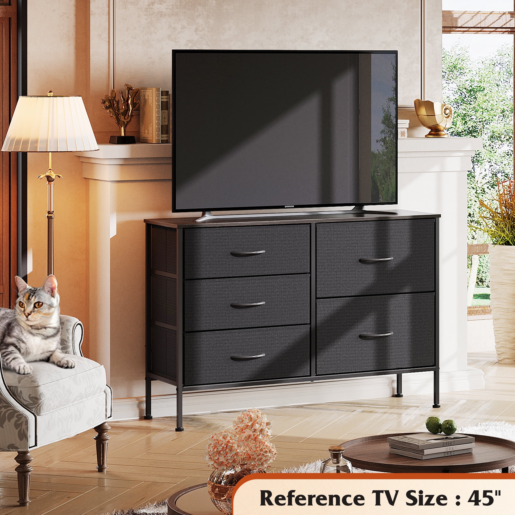 GALAXHERO 5 Drawer Dresser for Bedroom, Wide Chest of Drawers Nightstand Storage Organizers with Wood Top for Living Room, Hallway, Charcoal Black