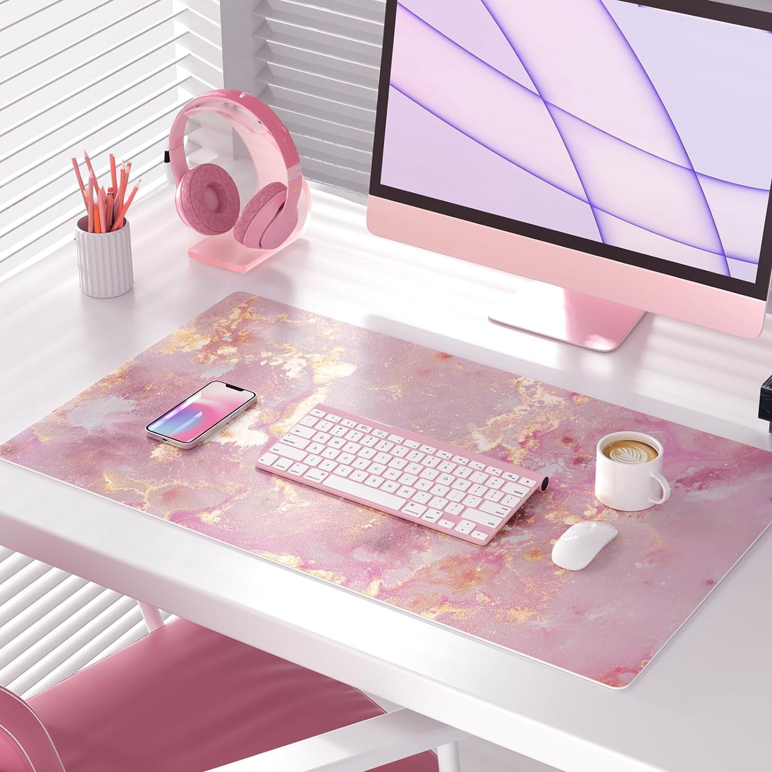 Large Mouse Pad, Cute Pink Desk Mat for Desktop, Women Girls PU Leather Waterproof Gaming, Rose Gold Marble Computer PC Laptop Protector Writing Pads for School Office Home 31.5" x 15.7"