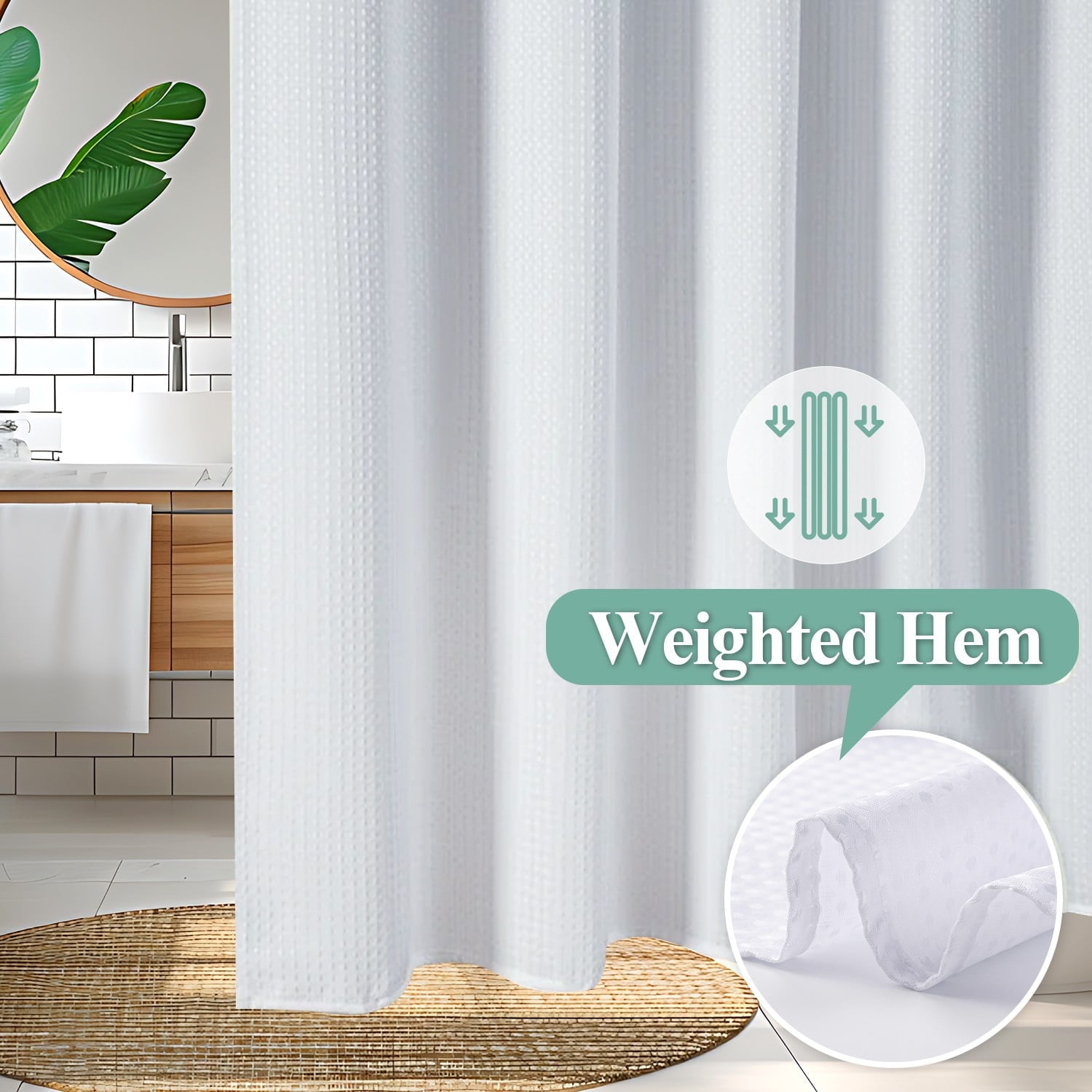 Vorfor Waffle Shower Curtain Set, 3-in-1 White Thick Weighted Fabric Shower Curtain with PEVA Liner & 12 Stainless Steel Double-Sided Hooks, 71 x 71