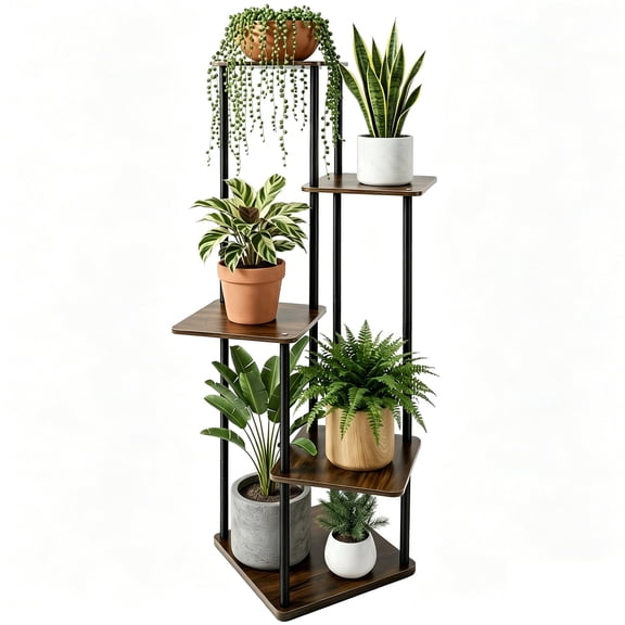 Avalution 5 Tier Plant Stand Indoor, Metal Plant Shelf for Multiple Plants With Grow Lights, Brown Corner Plant Stand for Display Flower, Tall Plant Shelf for Garden