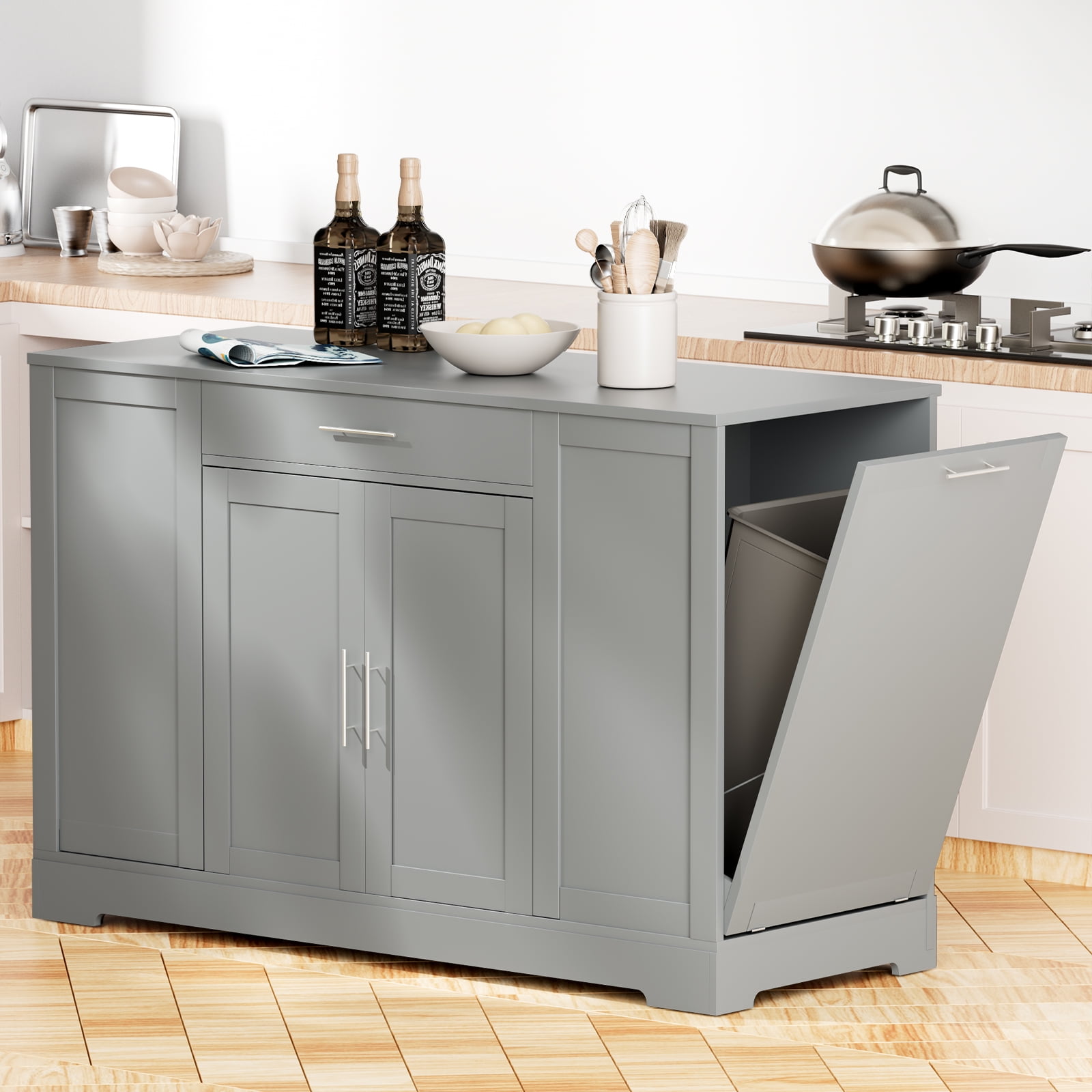 Pirecart 53" Kitchen Island with Trash Can Storage, Kitchen Island Storage with Drawer, Open Shelves, Gray