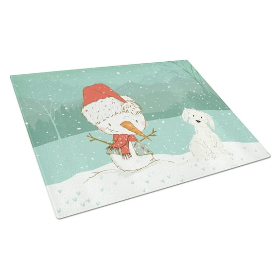 Maltese Snowman Christmas Glass Cutting Board Large