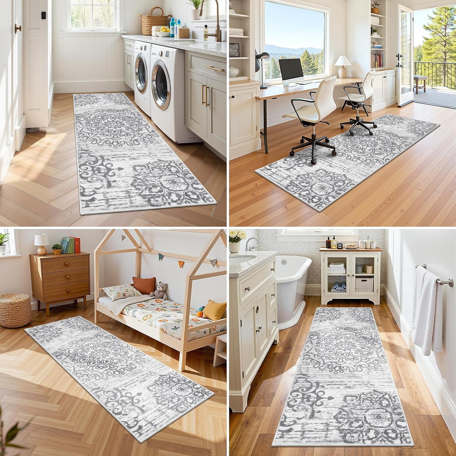 Findosom 2'x6' Vintage Boho Kitchen Rug Runner for Hallways Machine Washable Non Slip Hallway Runner Rugs 0.6 inch Thickness Medallion Floor Runner Rugs for Entryway Bedroom Laundry Room Gray