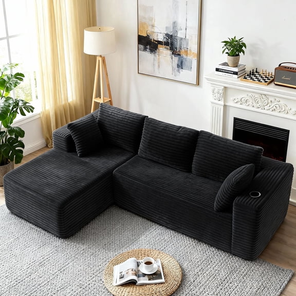 LazySunsets 103" Boneless Couch for Living Room, L-Shaped Modular Sectional Sofa with Wide Armrests and Cup Holders, Corduroy Cloud Cuch No Assembly, Black