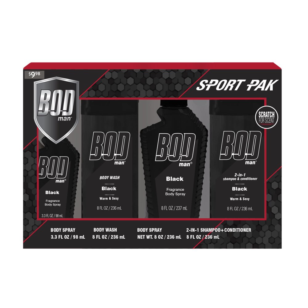 BOD Man Black Sport Pak Perfume Gift Set for Men, 4 Piece