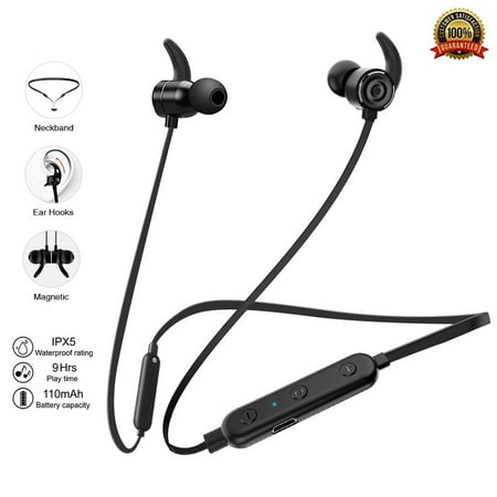 Bluetooth Headphones, Wireless Sweatproof Earphones In-Ear Sports Earbuds Noise Cancelling Headsets (12 Hours Play Time, aptX, Hi-Fi Stereo, Magnetic, Bluetooth