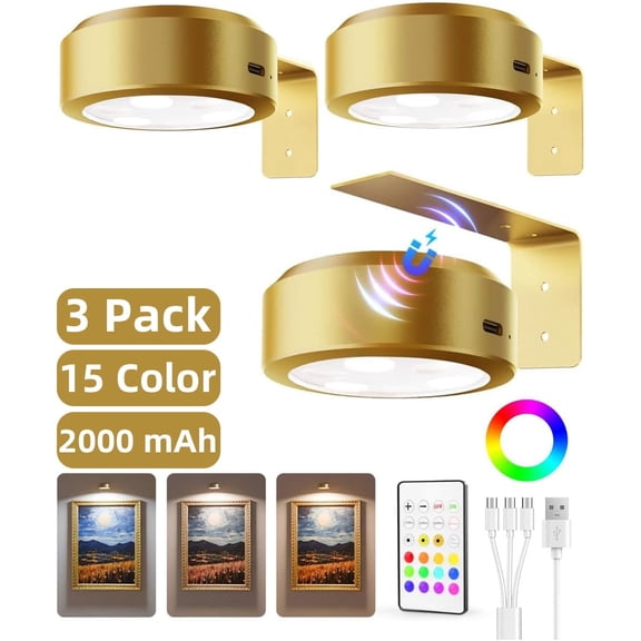 EZVALO 3 Pack Picture Lights, 2000mAh Rechargeable Magnetic Wall Lights, 15 Colors RGB 3 Modes, Dimmable Remote Timer, Wireless Art Display Lights for Paintings & Frames