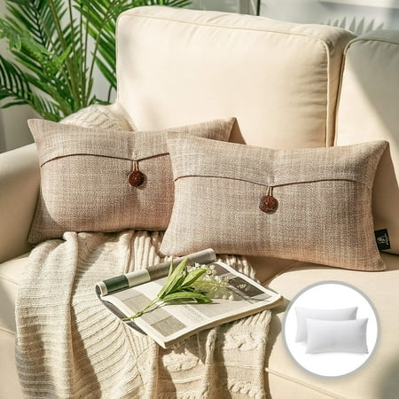 Phantoscope Single Button Series Linen Decorative Throw Pillow, 12"x20", Beige, 2 Pack