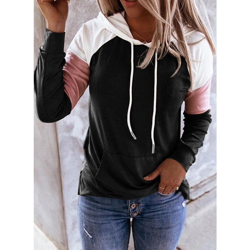 Women Patchwork Drawstring Hooded Sweater Casual Sweatshirts Pullover Blouse NEW 