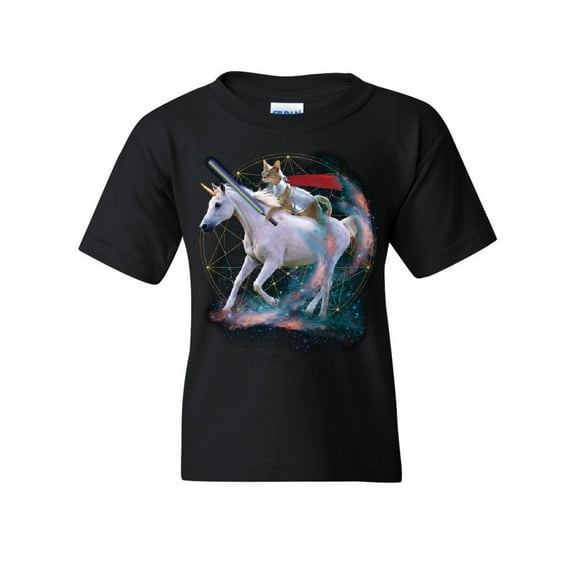 Tee Hunt Space Cat Riding a Unicorn with a Saber Youth T-Shirt Weird Universe Kids Tee