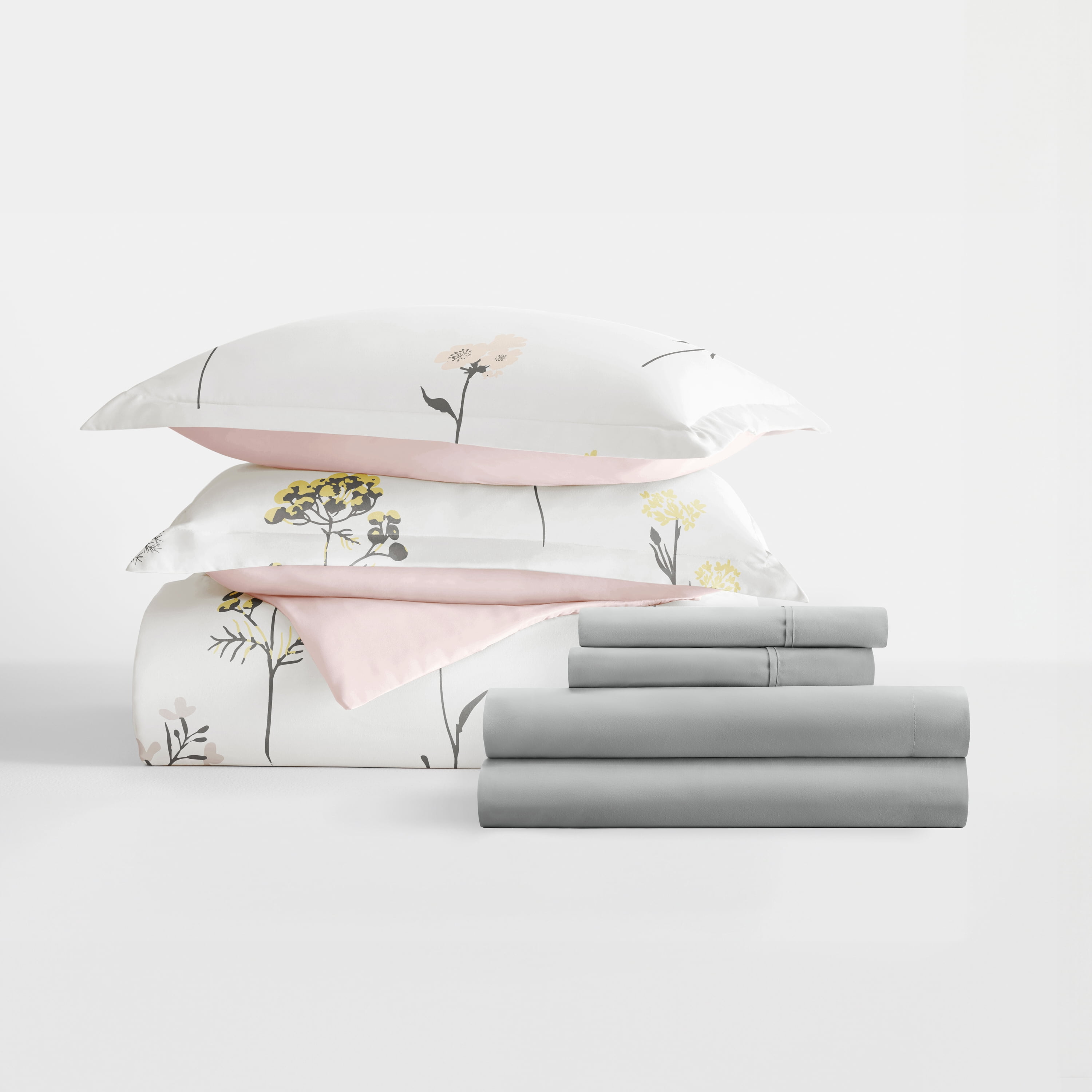 6PC Bedding Bundle - Patterned Duvet Cover Set White Comforter and Solid Sheet Set in Wildflower