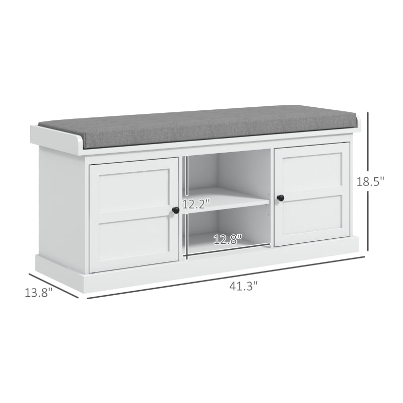 HOQBN Shoe Storage Bench with Cushioned Seat, Entryway Bench with 2 Cabinets and Adjustable Shelf for Hallway, White